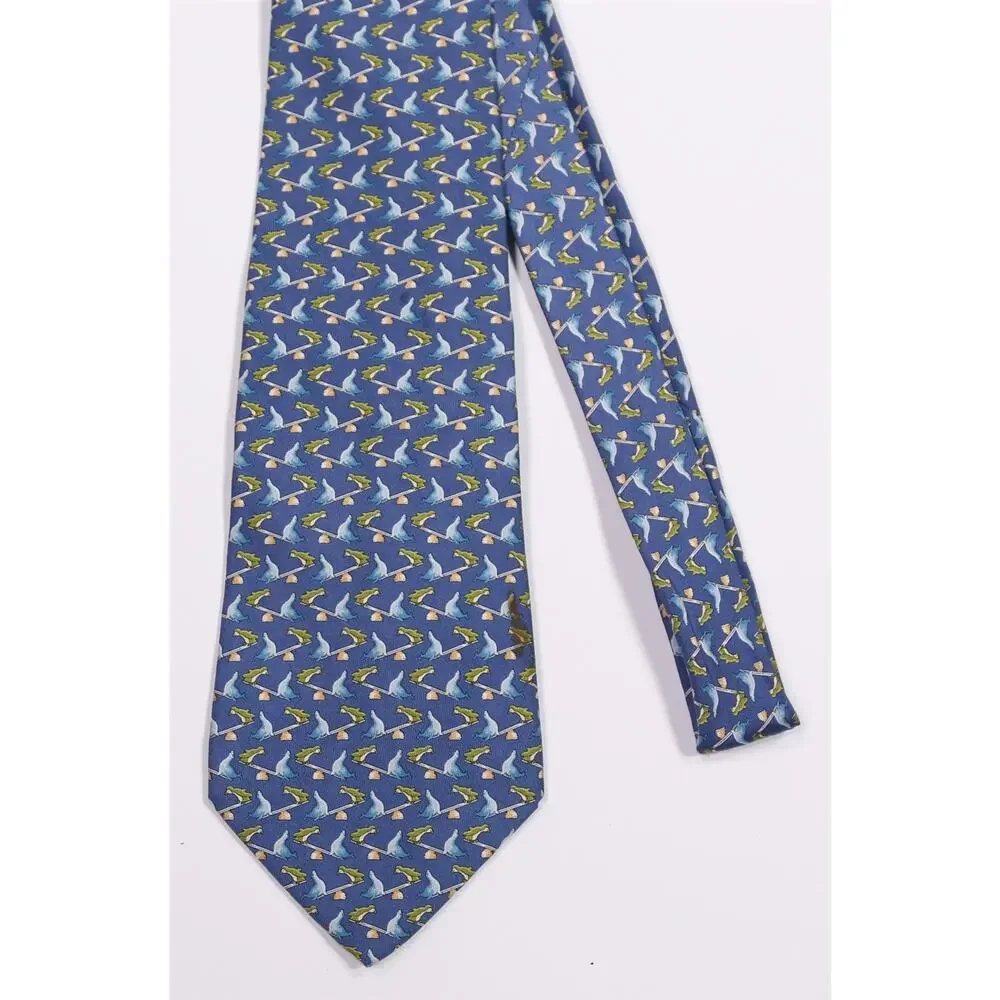 Salvatore Ferragamo Blue Seals Penguins on Seesaw Print Silk Necktie Tie